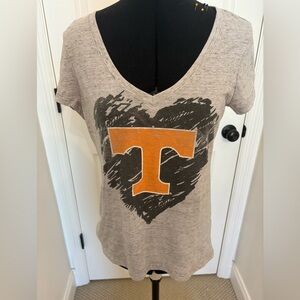 Gray V-Neck Women's Top with Orange Graphic
